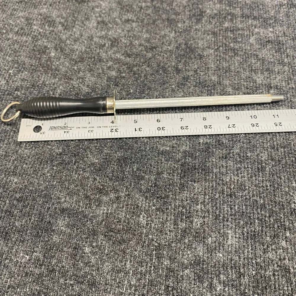 Vintage  Honing Steel Knife Sharpening Rod Black Ribbed Handle Silver